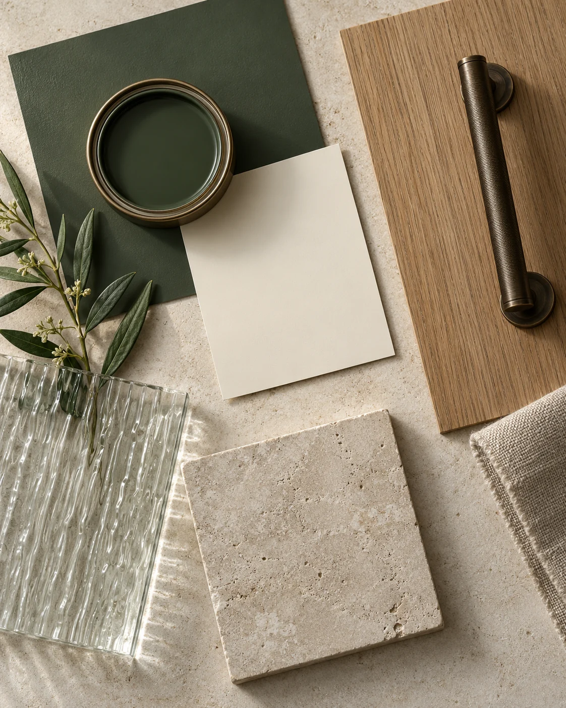 A refined selection of green paint, pale stone, oak, textured glass and bronze hardware